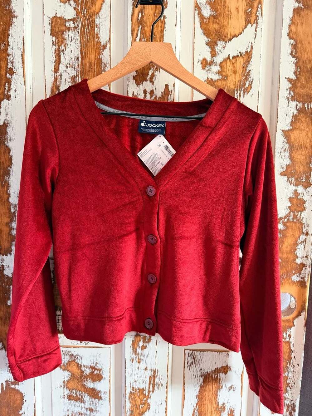 Jockey V-Neck Button-Down Long Sleeve Cardigan Sleepwear Size S Red Velour NWT